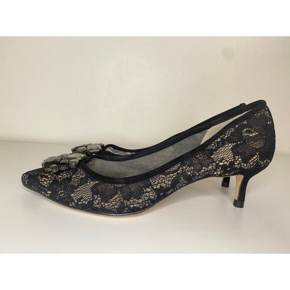 LK BENNETT HEELS 39.5 40 KITTEN BLACK LACE NUDE JULIET SUEDE JEWEL EMBELLISHMENT - Picture 3 of 16